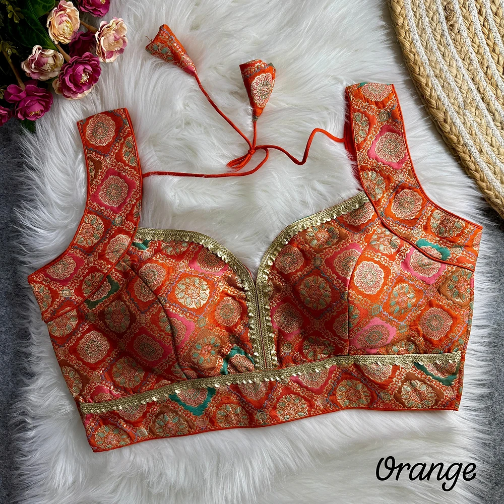 Orange Color Silk Rapier Jacquard Partywear Blouse with Back Open Style — view 1