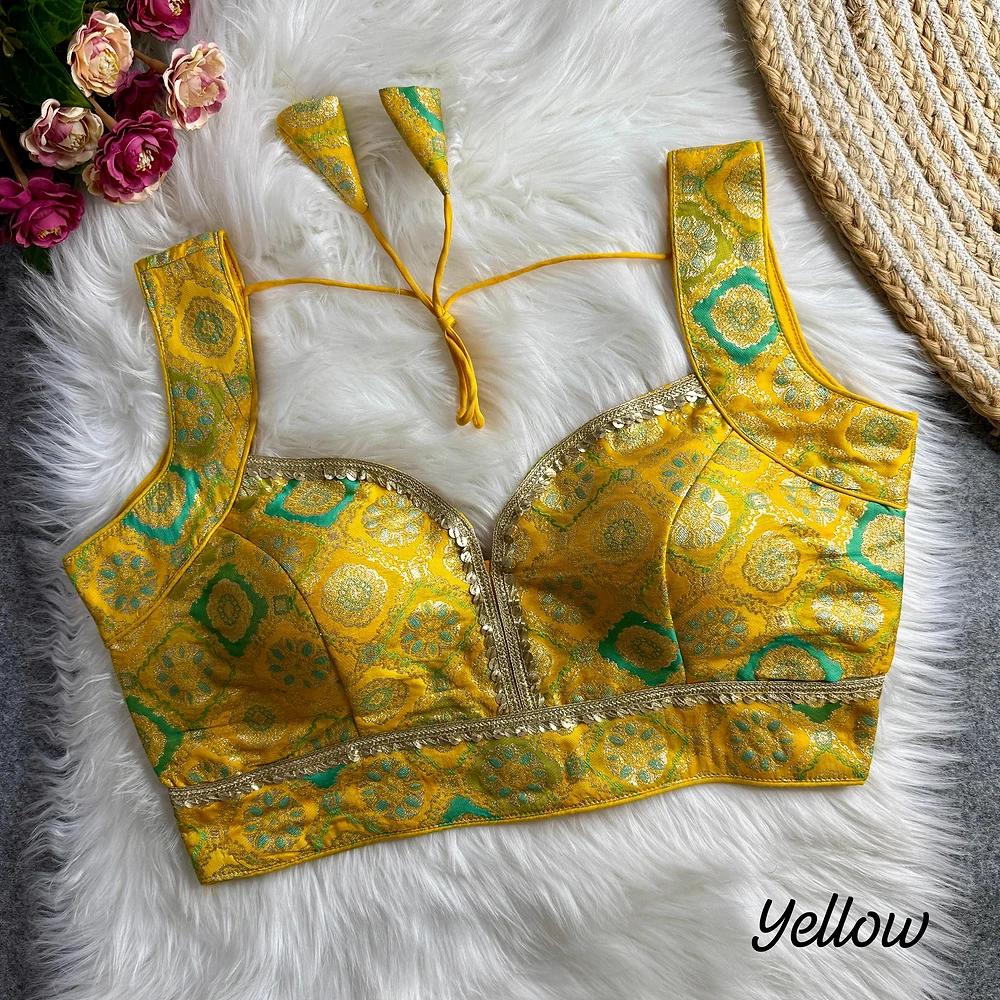 Yellow  Color Silk Rapier Jacquard Partywear Blouse with Back Open Style — view 1