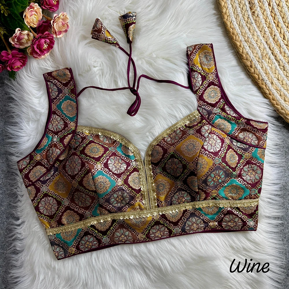 Wine Color Silk Rapier Jacquard Partywear Blouse with Back Open Style — view 1