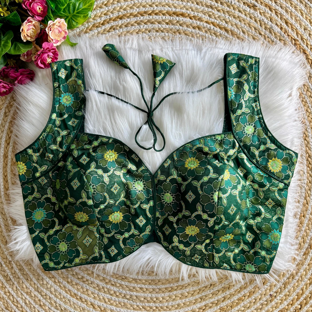 Green Color Sleeveless Jacquard Partywear Blouse