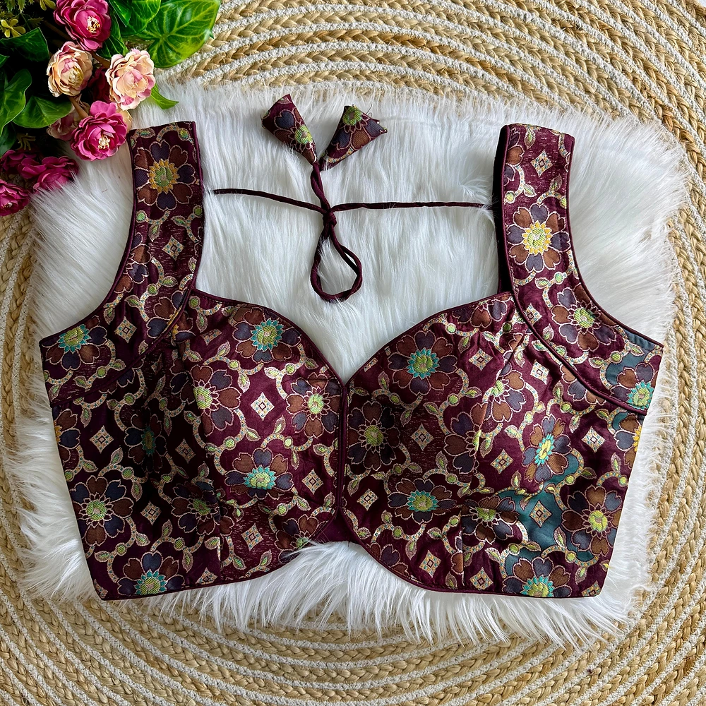 Wine Color Sleeveless Jacquard Partywear Blouse — view 1