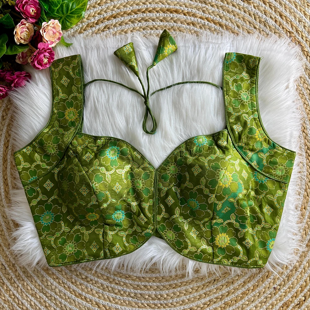 Mehndi Color Sleeveless Jacquard Partywear Blouse — view 1