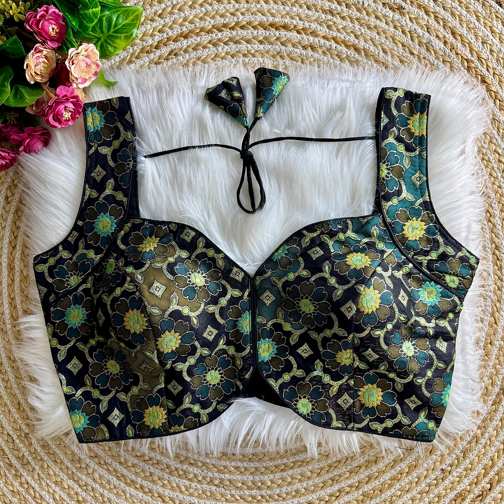 Bottle Green Color Sleeveless Jacquard Partywear Blouse — view 1