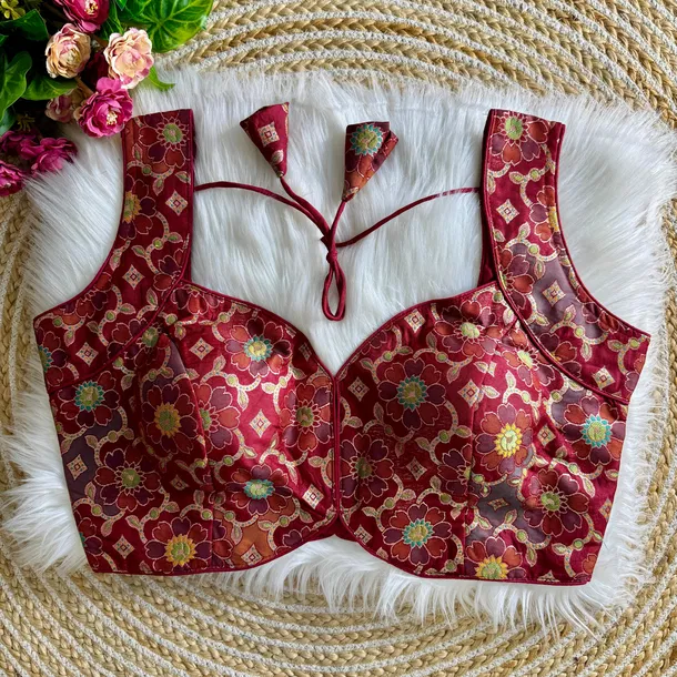 Maroon Color Sleeveless Jacquard Partywear Blouse