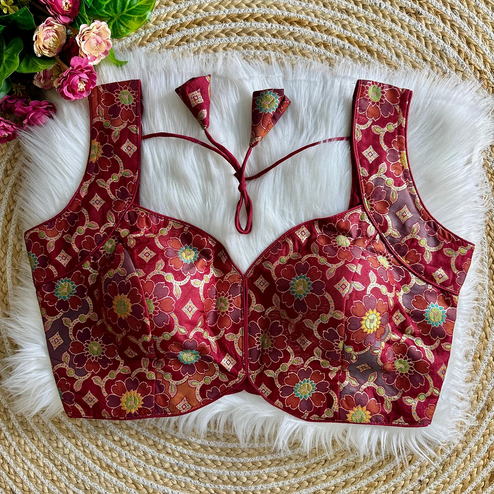 Maroon Color Sleeveless Jacquard Partywear Blouse — view 1
