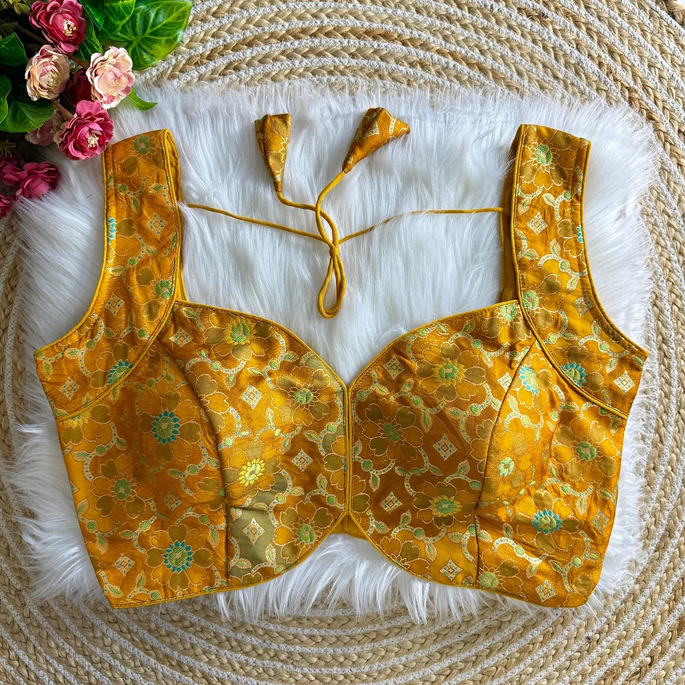 Gold Color Sleeveless Jacquard Partywear Blouse — view 1