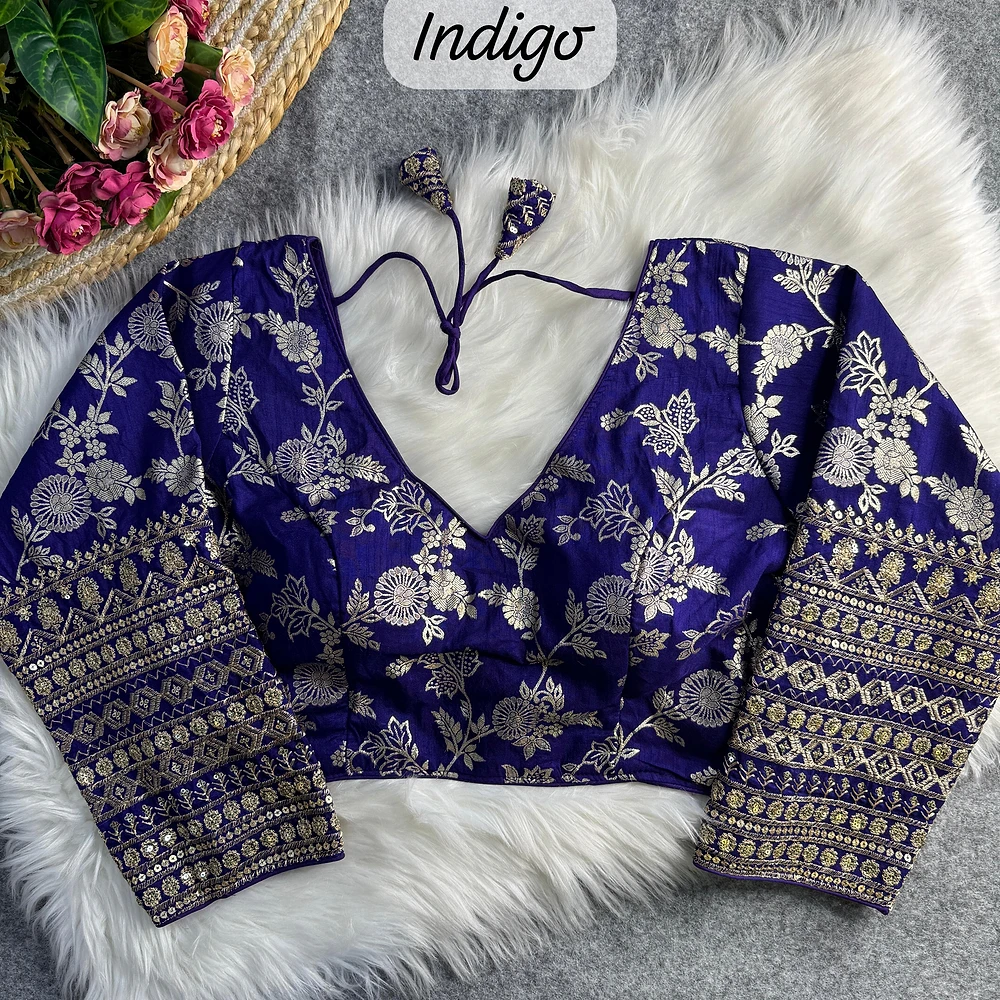 Blue Color Heavy Pure Dola Silk Embroidered Full Sleeves Partywear Blouse — view 1