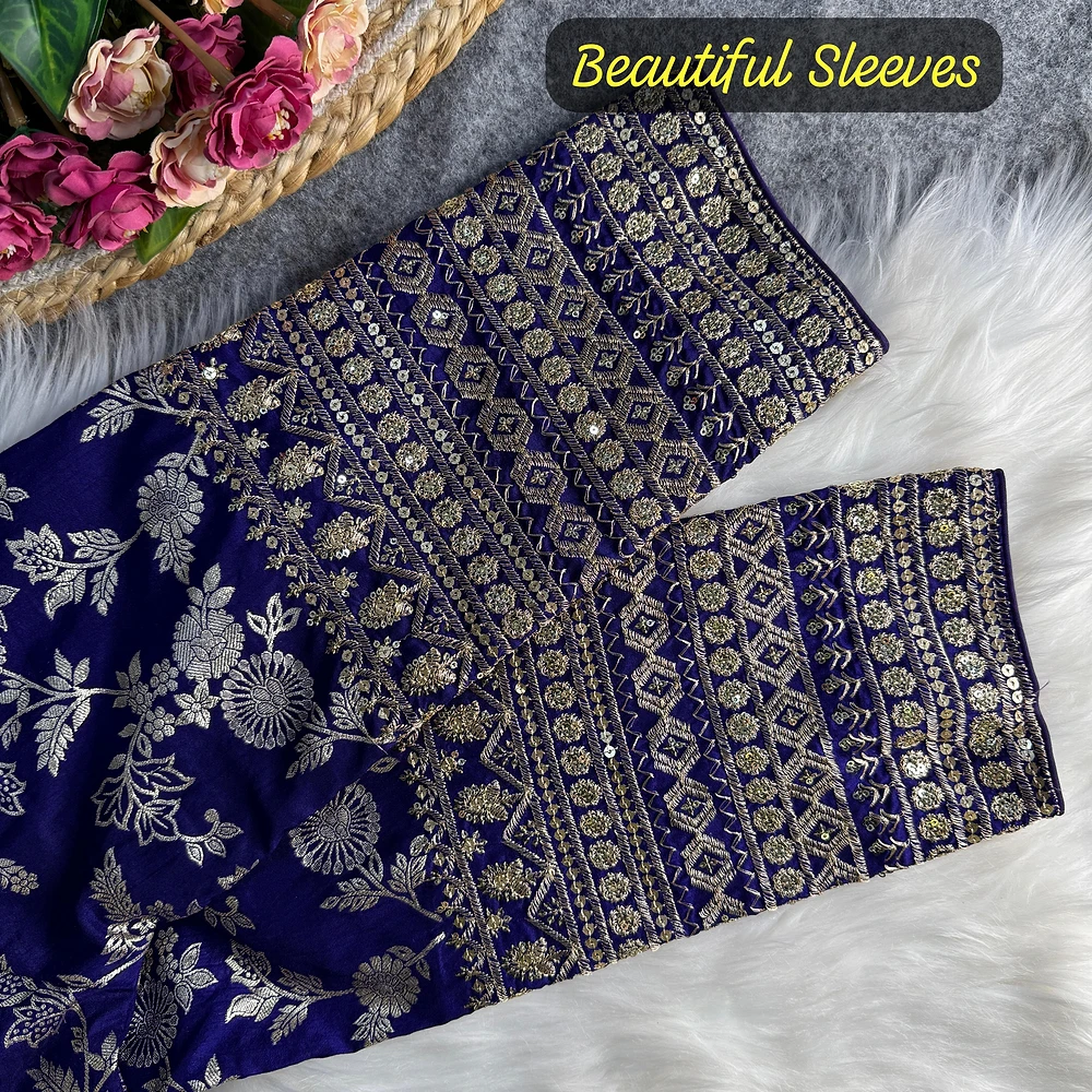 Blue Color Heavy Pure Dola Silk Embroidered Full Sleeves Partywear Blouse — view 4