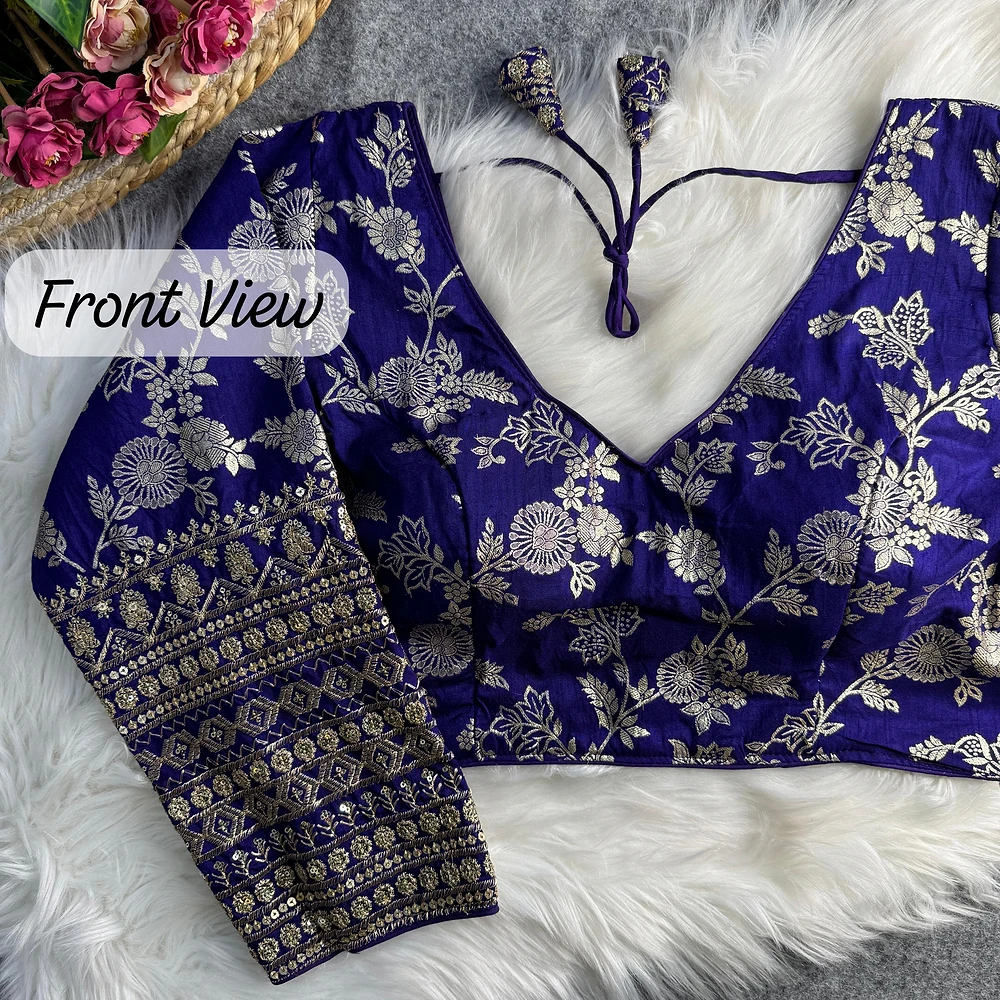 Blue Color Heavy Pure Dola Silk Embroidered Full Sleeves Partywear Blouse — view 3