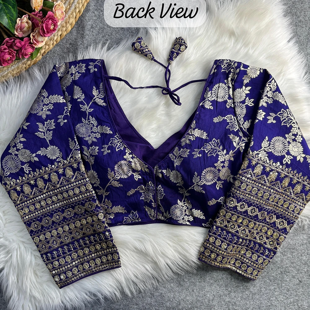 Blue Color Heavy Pure Dola Silk Embroidered Full Sleeves Partywear Blouse — view 2