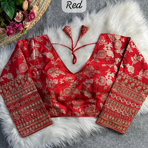 Red Color Heavy Pure Dola Silk Embroidered Full Sleeves Partywear Blouse