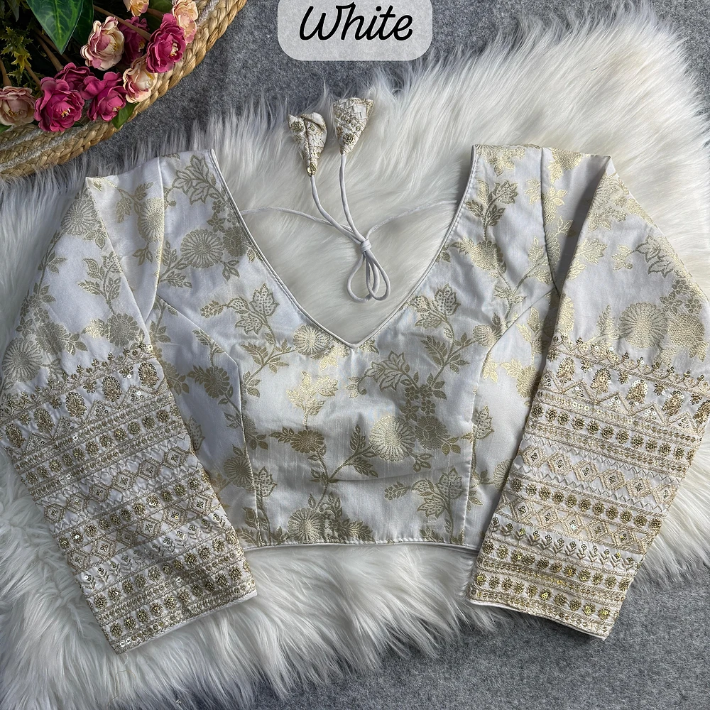 White Color Heavy Pure Dola Silk Embroidered Full Sleeves Partywear Blouse — view 1