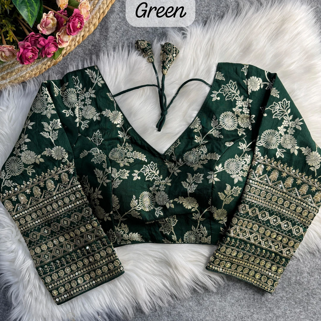 Green Color Heavy Pure Dola Silk Embroidered Full Sleeves Partywear Blouse