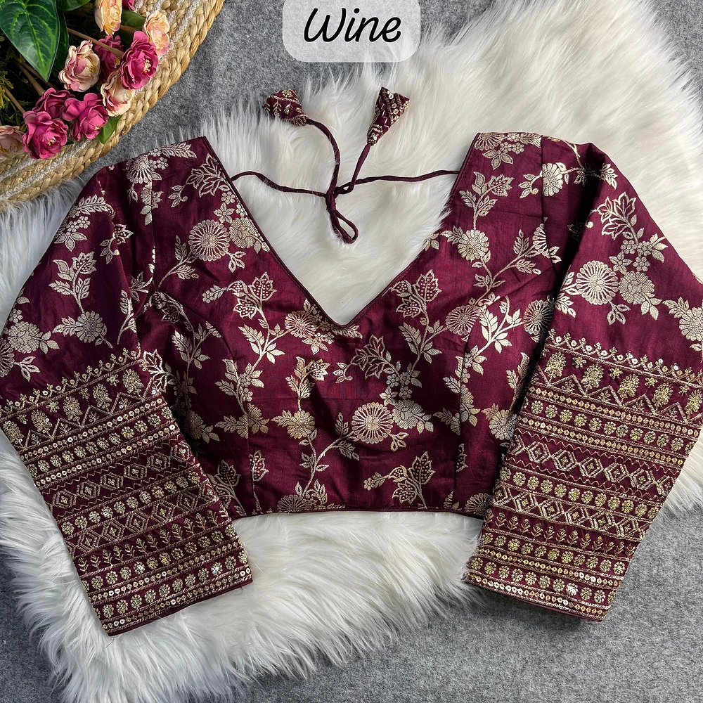 Wine Color Heavy Pure Dola Silk Embroidered Full Sleeves Partywear Blouse — view 1