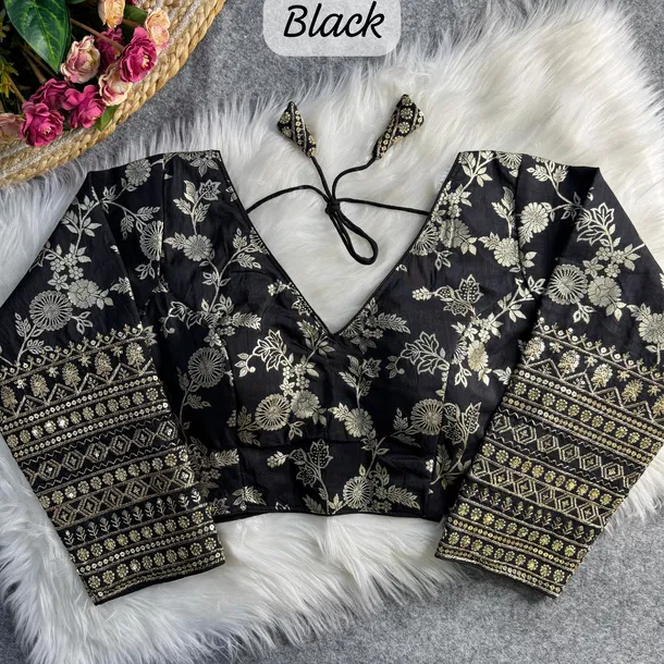 Black Color Heavy Pure Dola Silk Embroidered Full Sleeves Partywear Blouse