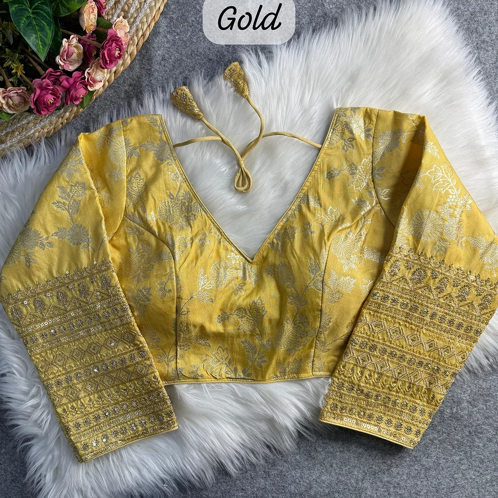Gold Color Heavy Pure Dola Silk Embroidered Full Sleeves Partywear Blouse — view 1