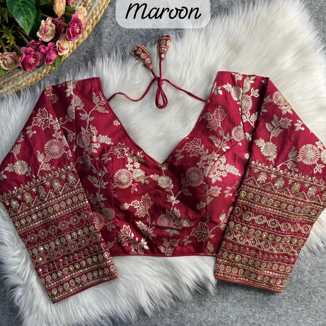 Maroon Color Heavy Pure Dola Silk Embroidered Full Sleeves Partywear Blouse