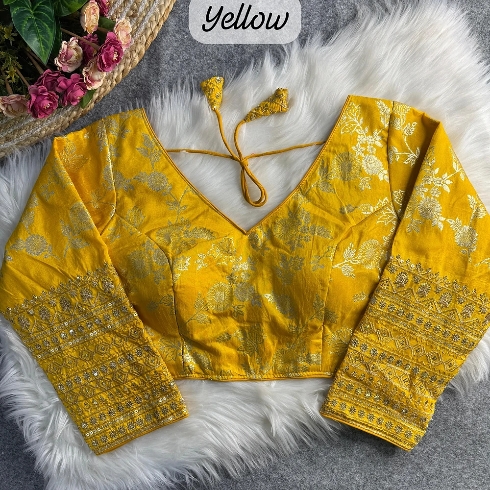 Yellow Color Heavy Pure Dola Silk Embroidered Full Sleeves Partywear Blouse — view 1