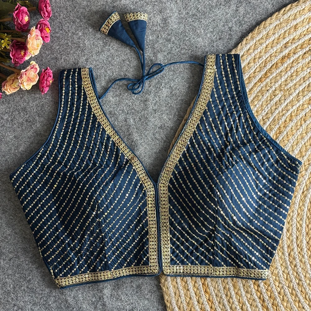 Navy Blue Color Bridal Designer Roman Silk Blouse With Heavy Embroidery And Sequence Work — view 1