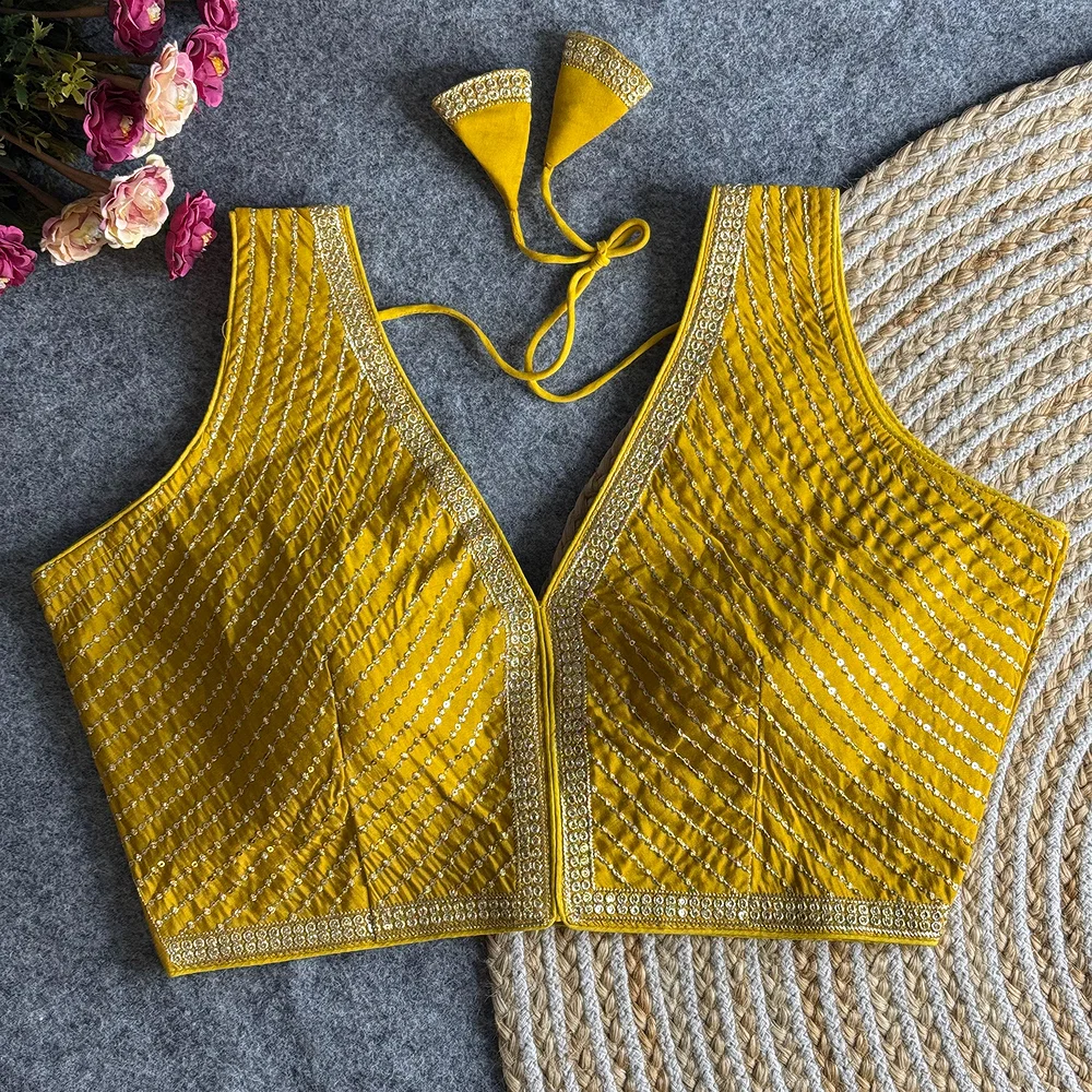 Yellow Color Bridal Designer Roman Silk Blouse With Heavy Embroidery And Sequence Work — view 1