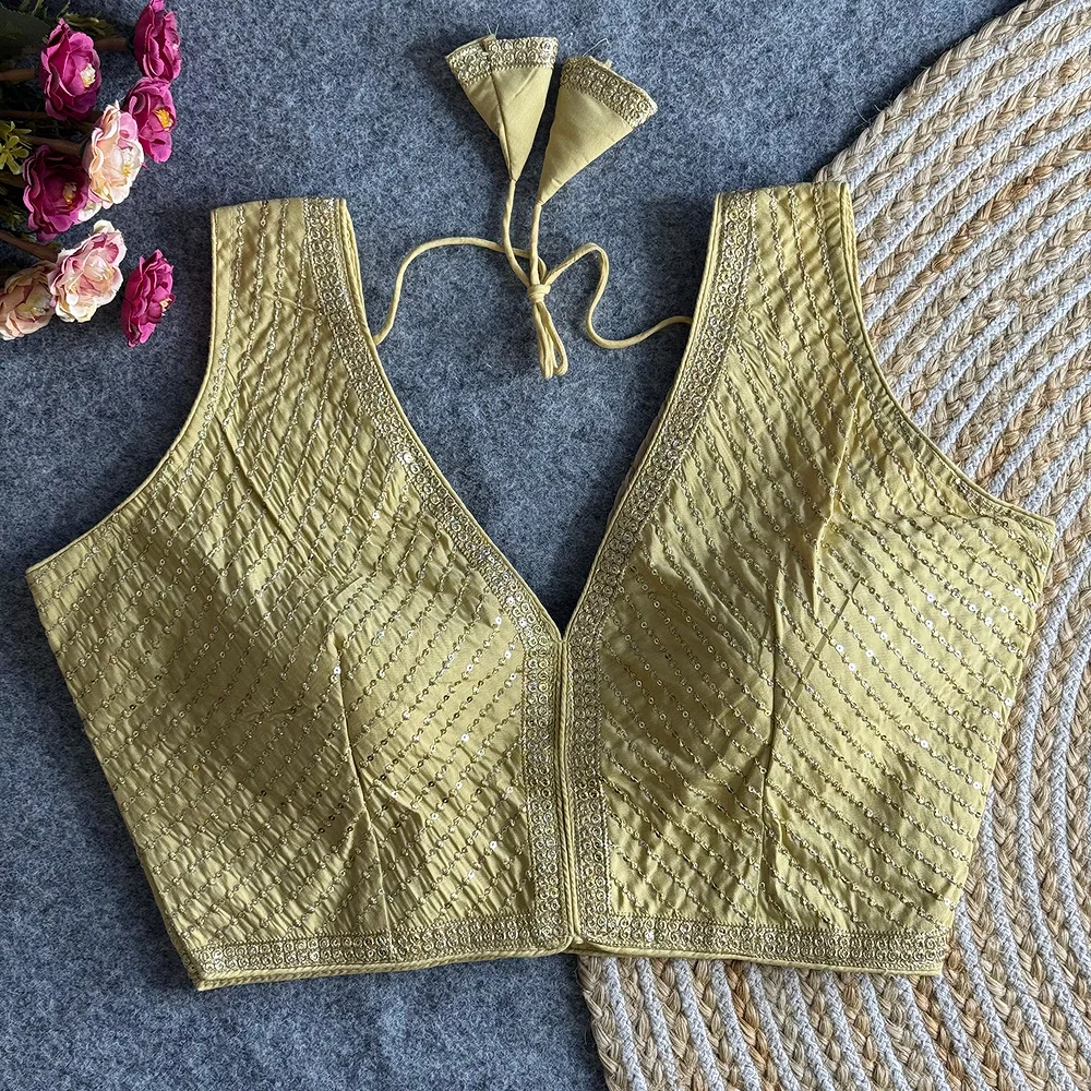 Gold Color Bridal Designer Roman Silk Blouse With Heavy Embroidery And Sequence Work — view 1