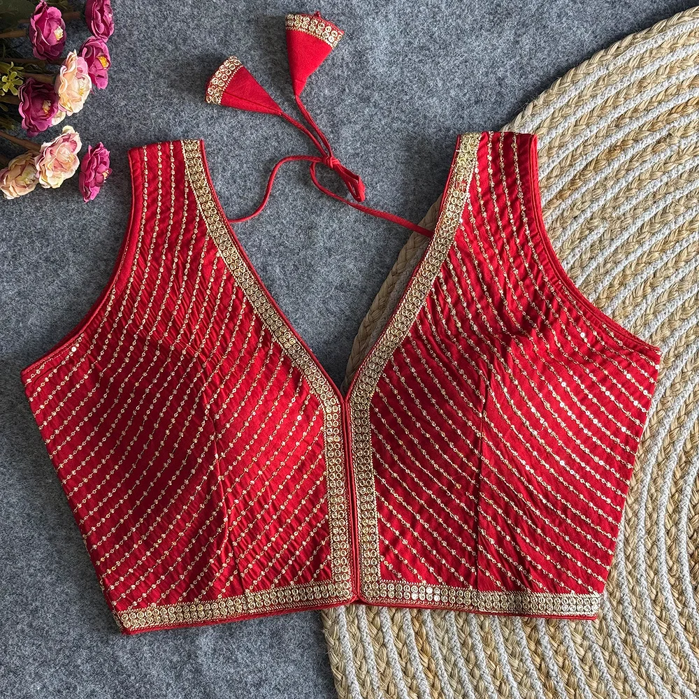 Red Color Bridal Designer Roman Silk Blouse With Heavy Embroidery And Sequence Work — view 1