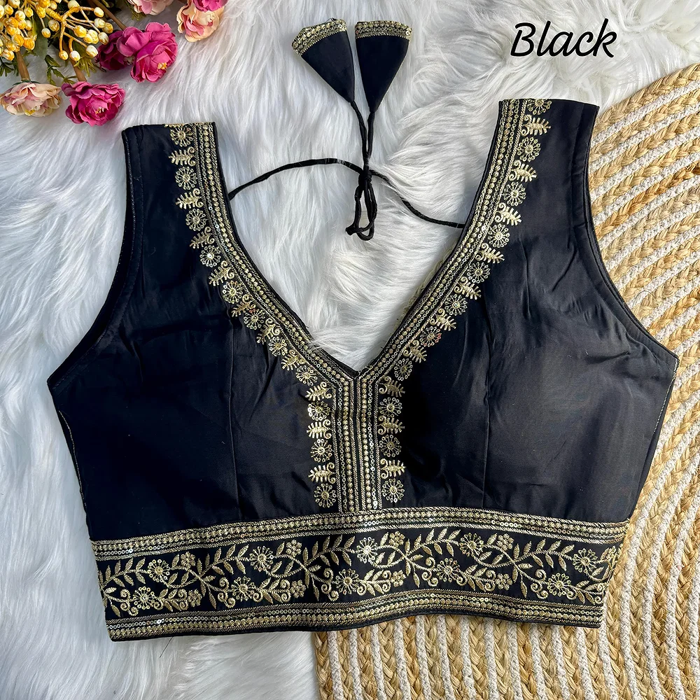 Black Color Wedding Season Special Roman Silk Bridal Blouse with Heavy Embroidery — view 1