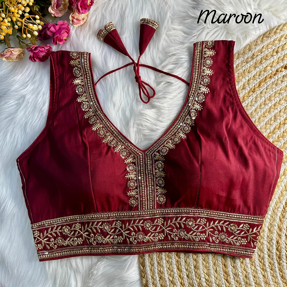 Maroon Color Wedding Season Special Roman Silk Bridal Blouse with Heavy Embroidery — view 1