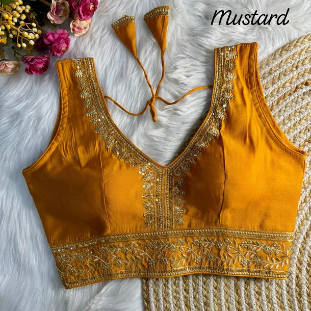 Mustard Color Wedding Season Special Roman Silk Bridal Blouse with Heavy Embroidery