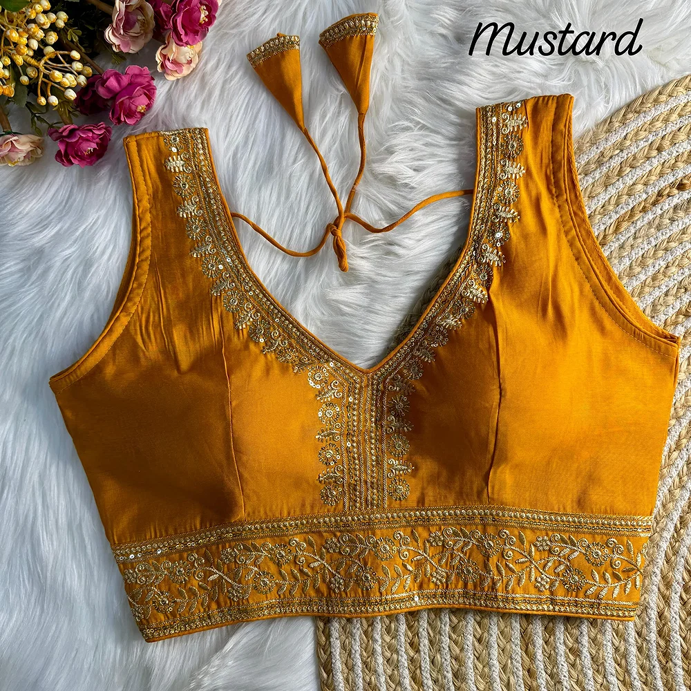 Mustard Color Wedding Season Special Roman Silk Bridal Blouse with Heavy Embroidery — view 1