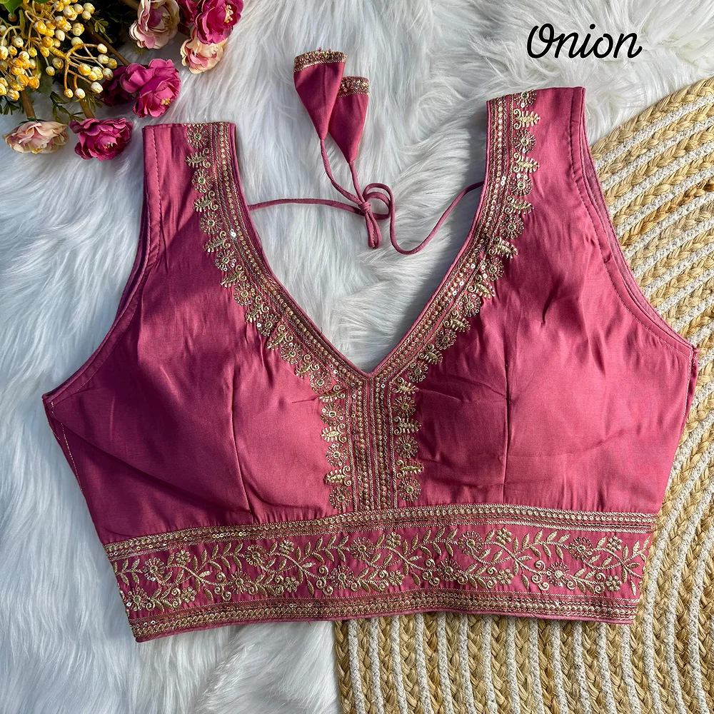 Peach Color Wedding Season Special Roman Silk Bridal Blouse with Heavy Embroidery — view 1