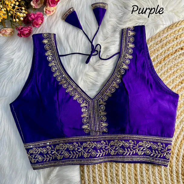 Purple Color Wedding Season Special Roman Silk Bridal Blouse with Heavy Embroidery