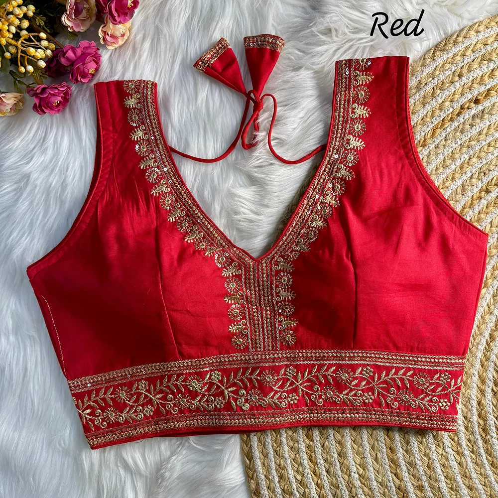 Red Color Wedding Season Special Roman Silk Bridal Blouse with Heavy Embroidery — view 1