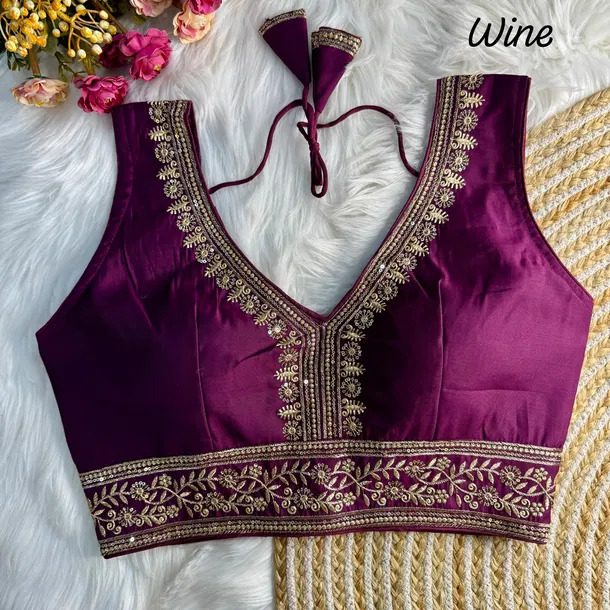 Wine Color Wedding Season Special Roman Silk Bridal Blouse with Heavy Embroidery