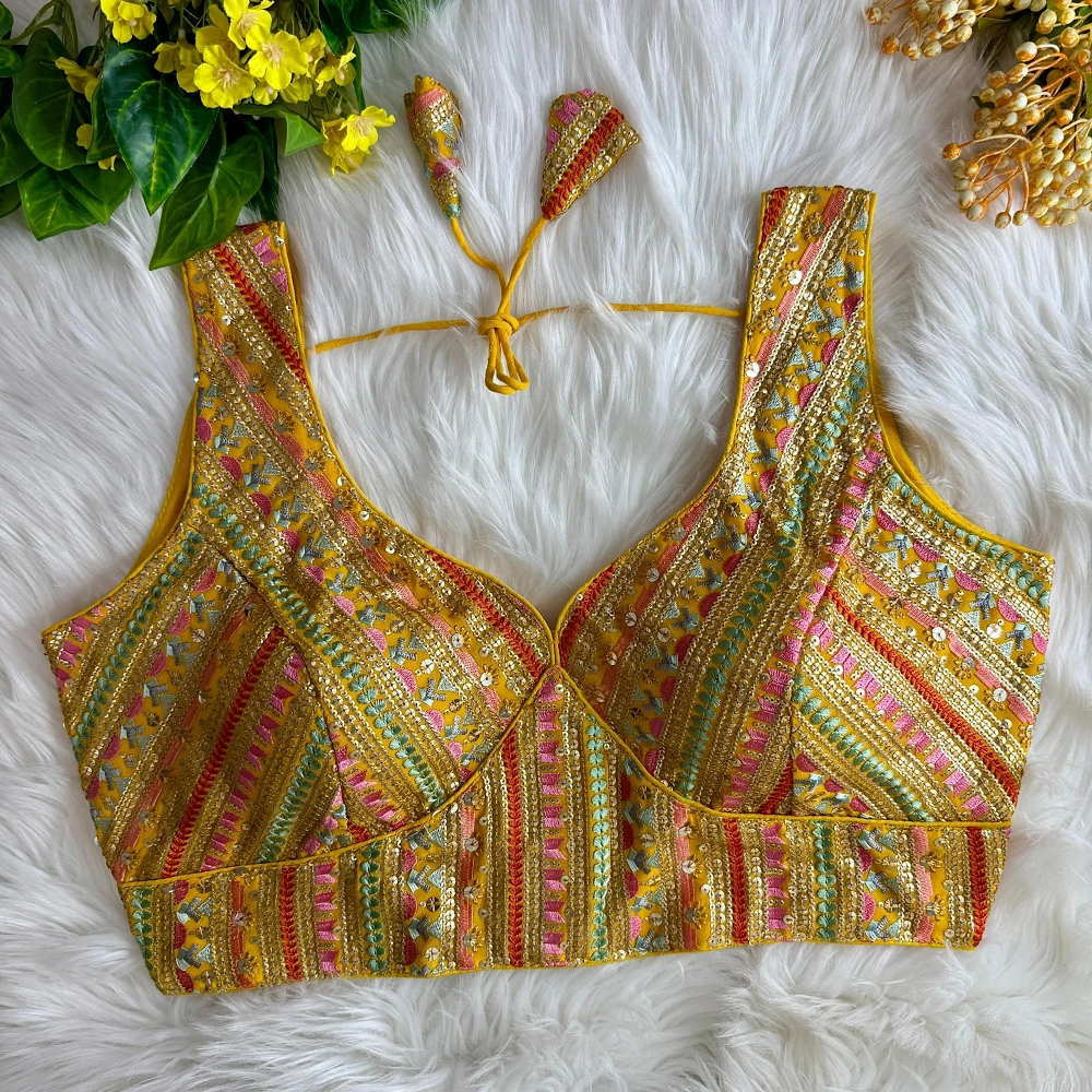 Yellow Color Heavy Fox Georgette Partywear Blouse with Viscose Thread Embroidery — view 1