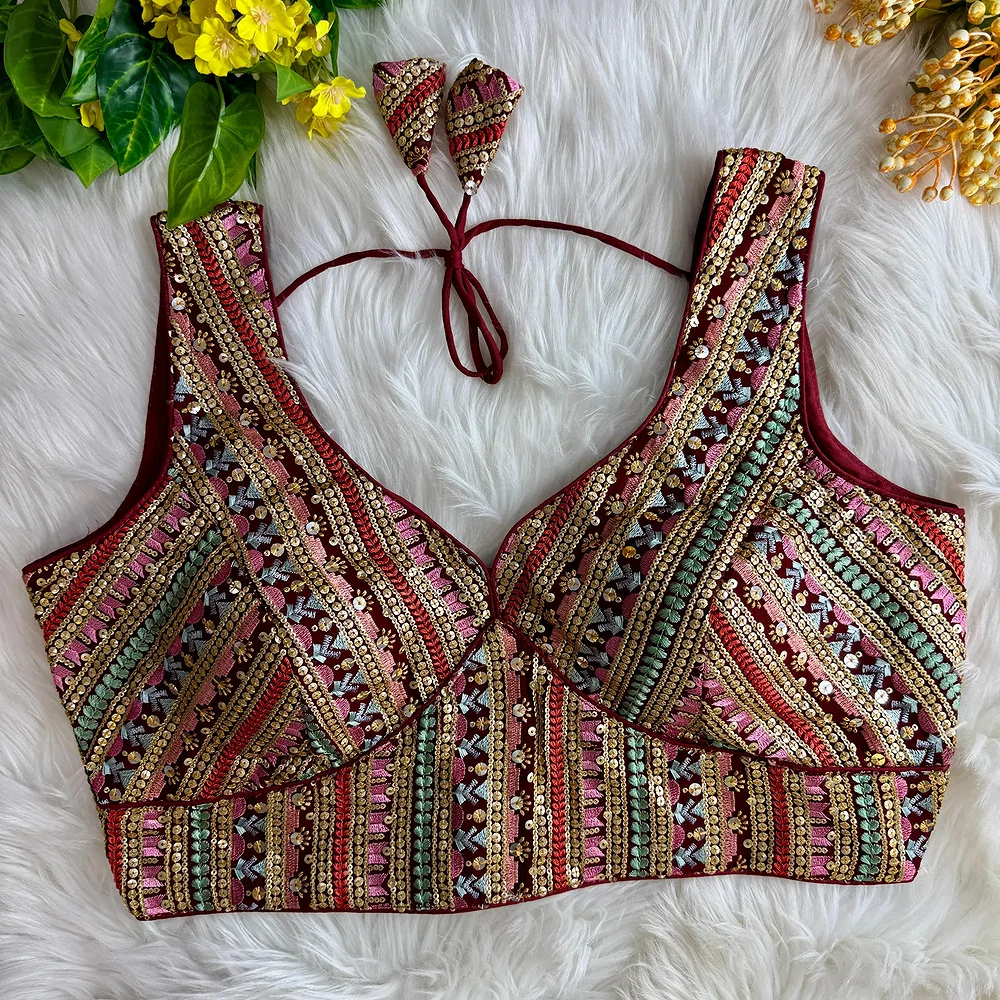 Maroon Color Heavy Fox Georgette Partywear Blouse with Viscose Thread Embroidery — view 1