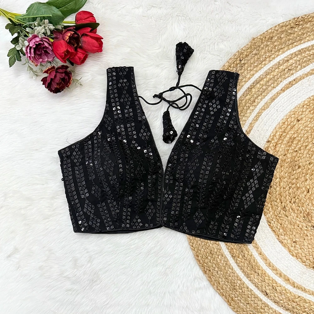 Black Color Georgette Partywear Blouse With Star Sequence and Zari Work — view 1