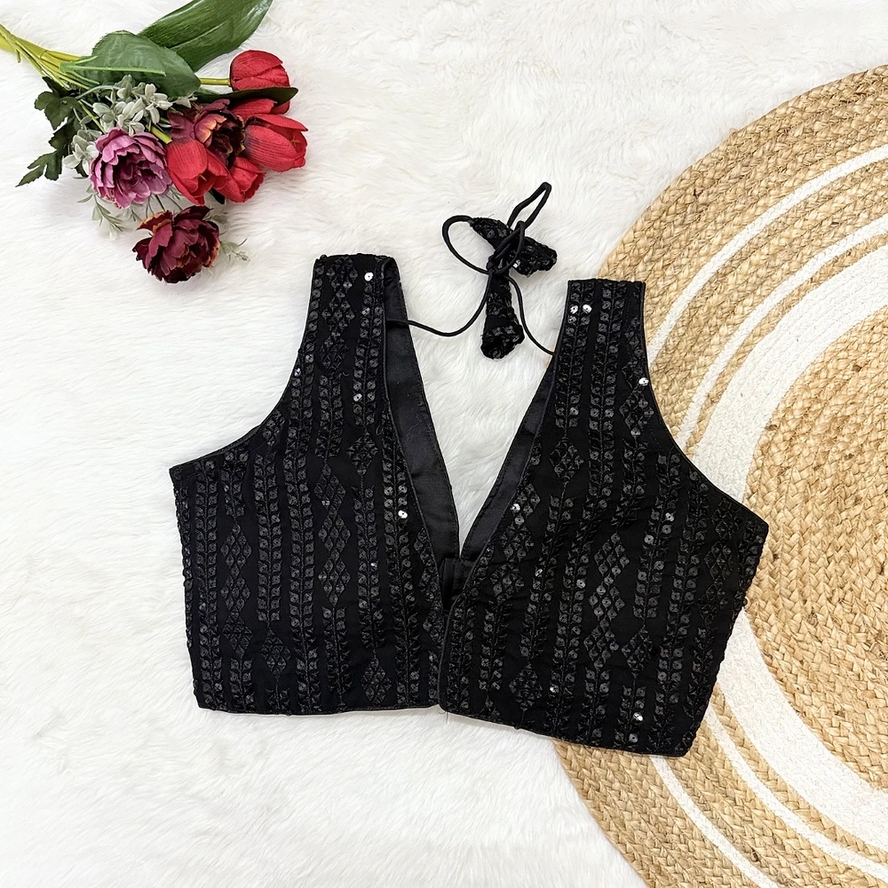 Black Color Georgette Partywear Blouse With Star Sequence and Zari Work — view 2