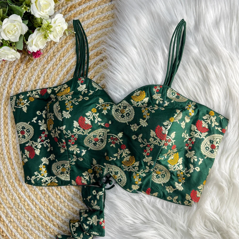 Bottle Green Color Sleeveless Noodle Strap Western Blouse in Heavy Dola Jacquard — view 1