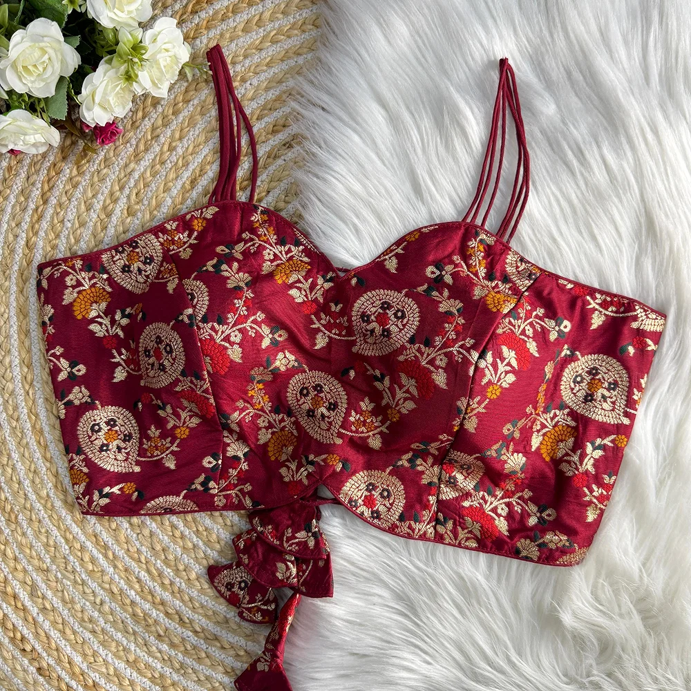 Maroon Color Sleeveless Noodle Strap Western Blouse in Heavy Dola Jacquard — view 1