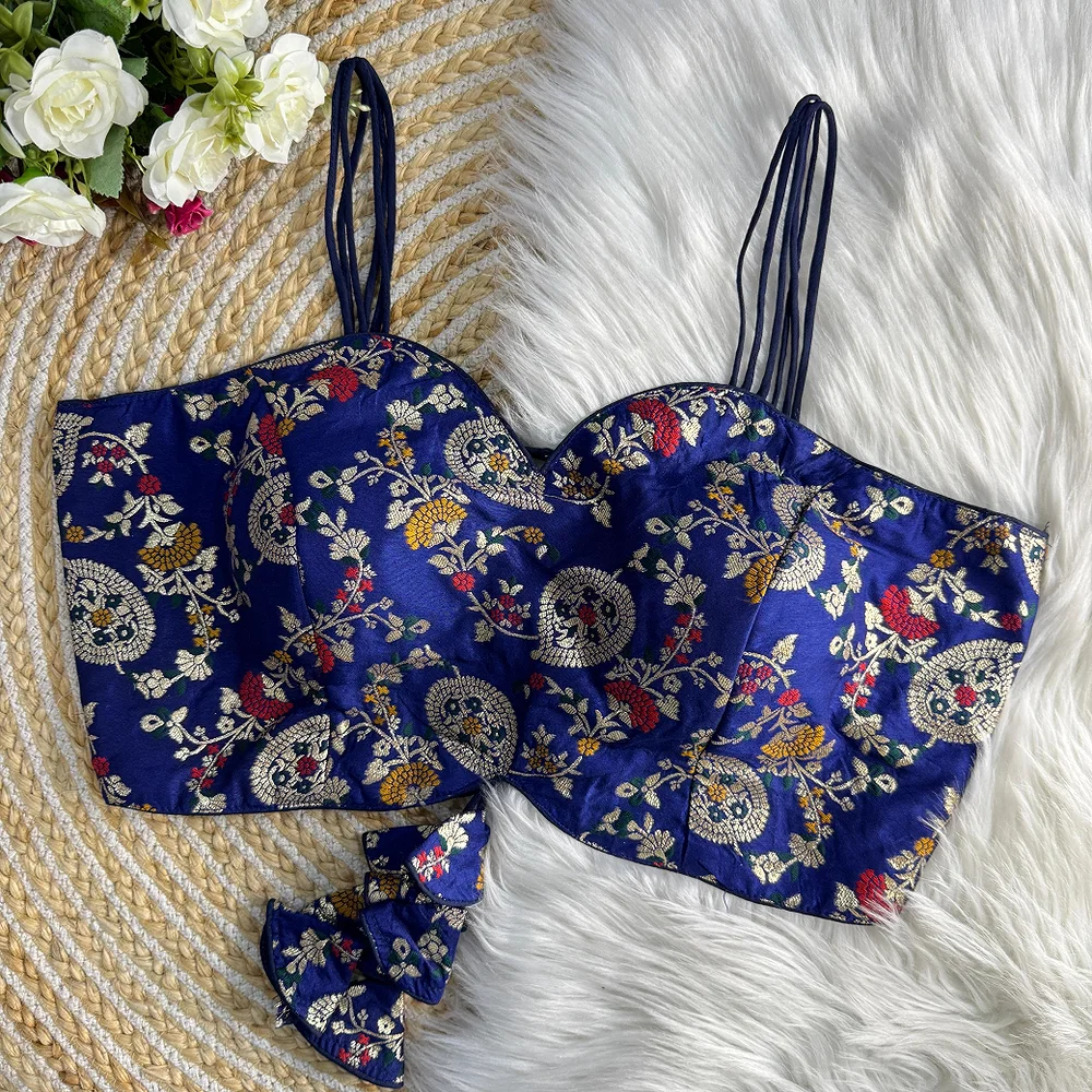 Indigo Color Sleeveless Noodle Strap Western Blouse in Heavy Dola Jacquard — view 1