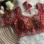 Red Color Wedding Special Velvet Cutwork Blouse with Heavy Embroidery