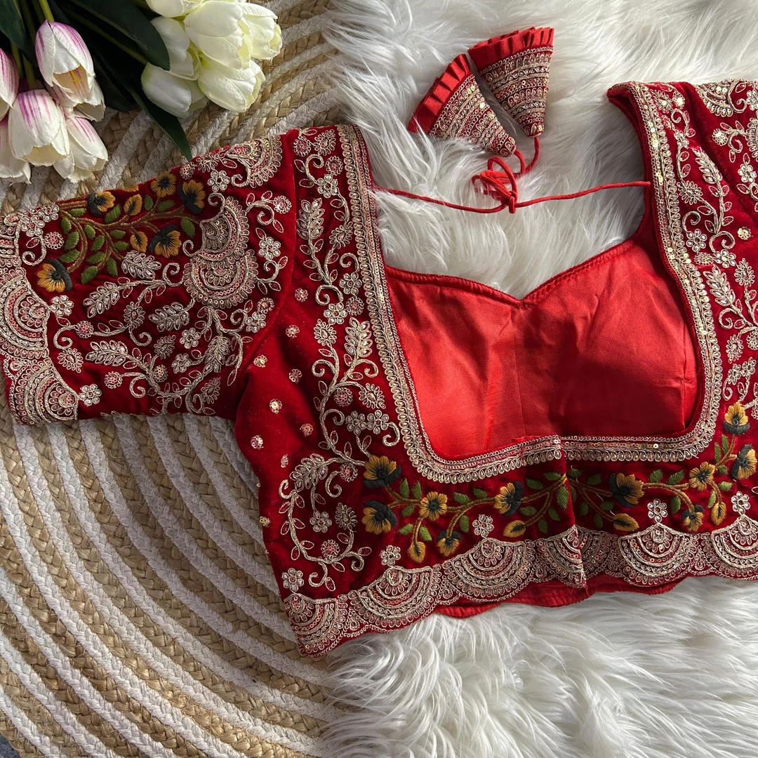 Red Color Wedding Special Velvet Cutwork Blouse with Heavy Embroidery