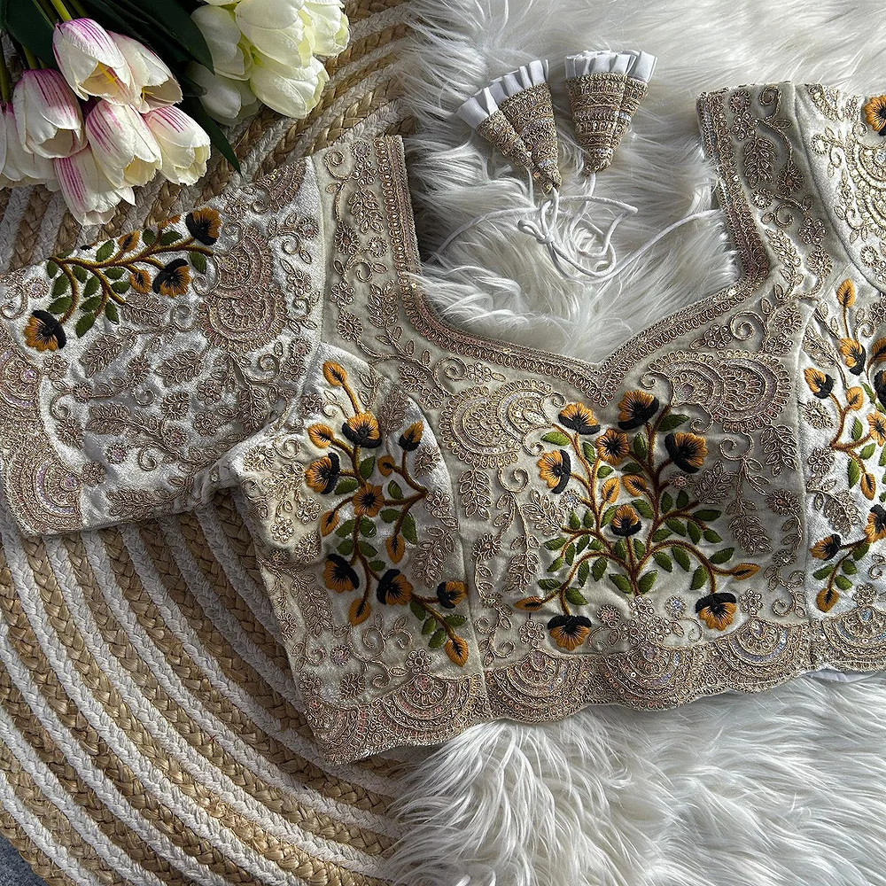 Cream Color Wedding Special Velvet Embroidered Blouse — view 1