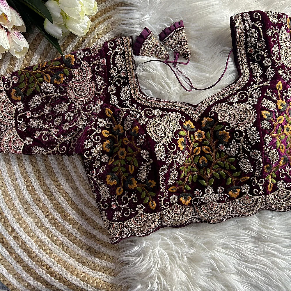 Wine Color Wedding Special Velvet Embroidered Blouse — view 1