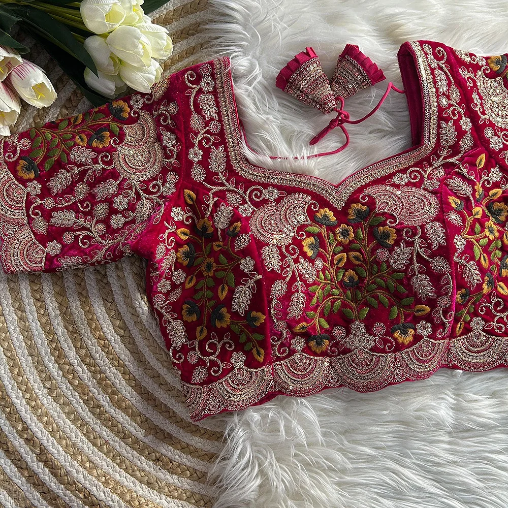 Rani Color Wedding Special Velvet Embroidered Blouse — view 1