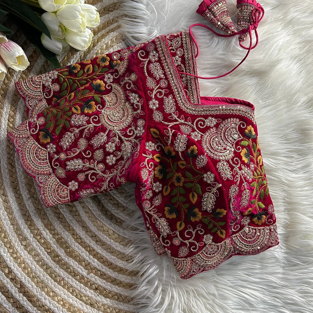 Rani Color Wedding Special Velvet Embroidered Blouse — view 2