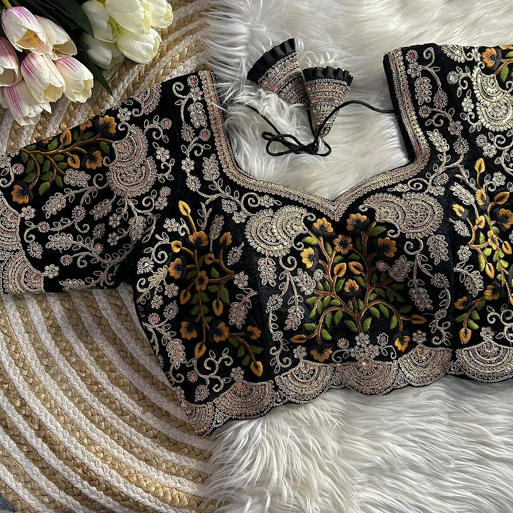 Black Color Wedding Special Velvet Embroidered Blouse  — view 1