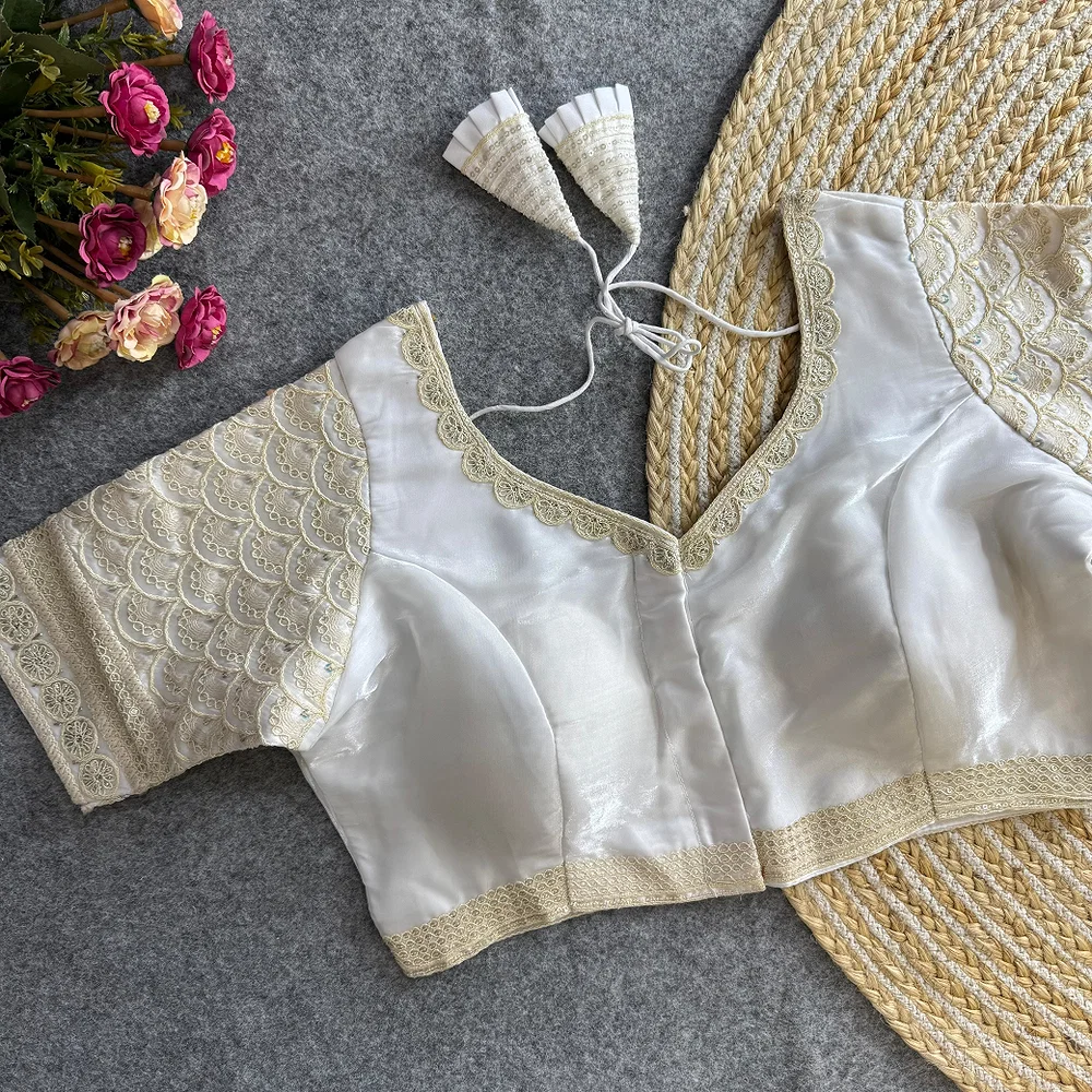 White Color Elegant Zimichoo Blouse with Cotton Thread Embroidery and Sequence Work — view 1