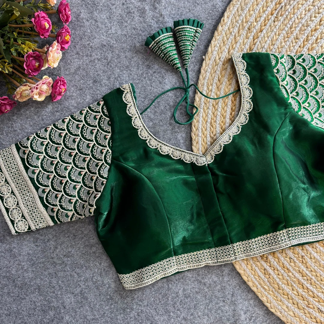 Bottle Green Color Elegant Zimichoo Blouse with Cotton Thread Embroidery and Sequence Work